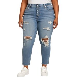 Torrid 26R Distressed Button Fly High Rise Jeans Plus Size Ripped Light Wash EUC